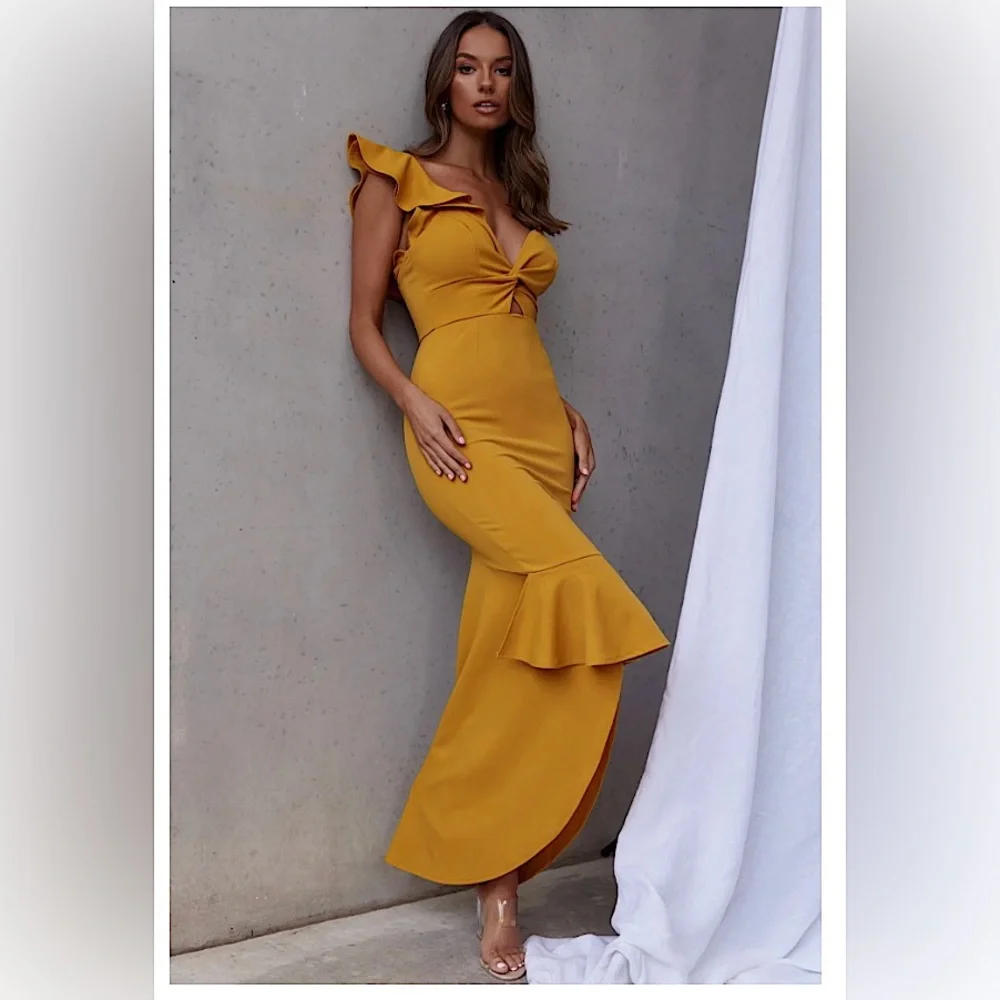 WOMEN’S RUFFLE STRAP TWIST BUST DRESS MUSTARD - XS - Picture 3 of 8